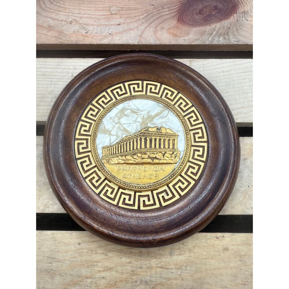 Vintage Athens Greece Parthenon Souvenir Brass & Mother of Pearl WoodWall Plaque - Picture 2 of 8